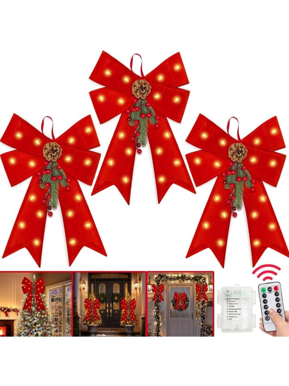 3 Pack Large Red Velvet Christmas Bows with LED Lights, Timer & Remote - Holiday